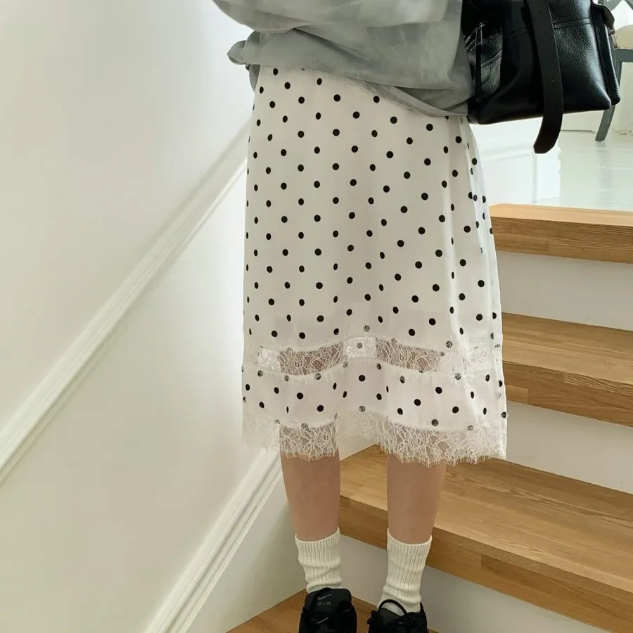Chic Early Autumn Retro Polka Dot Lace Trim Belted Versatile High Waist Skirt Commute Style with Inner  Polyester Fiber