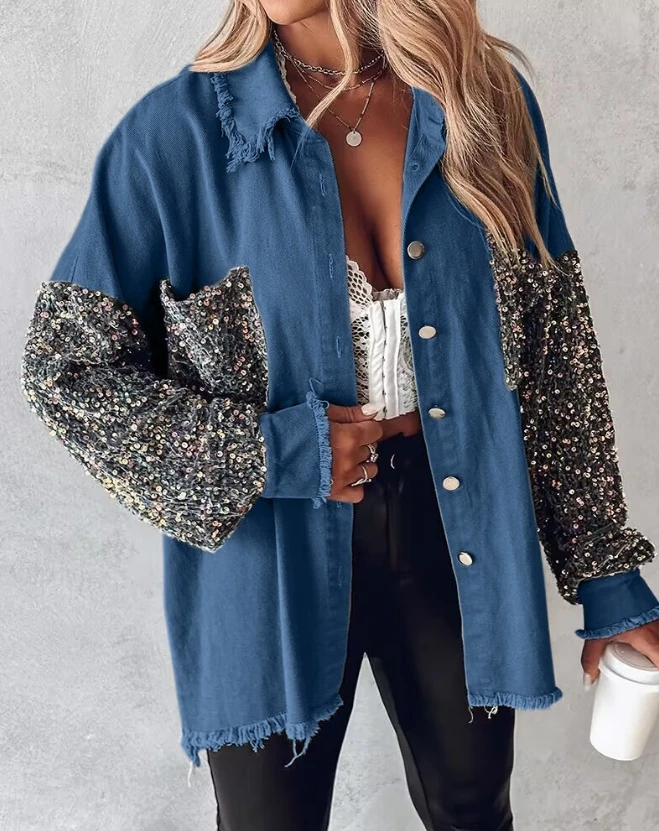 Youthful Woman Coat 2024 Spring/summer Latest Turn Down Collar Long Sleeve Contrast Sequin Raw Hem Shacket Colorblock Top Jacket