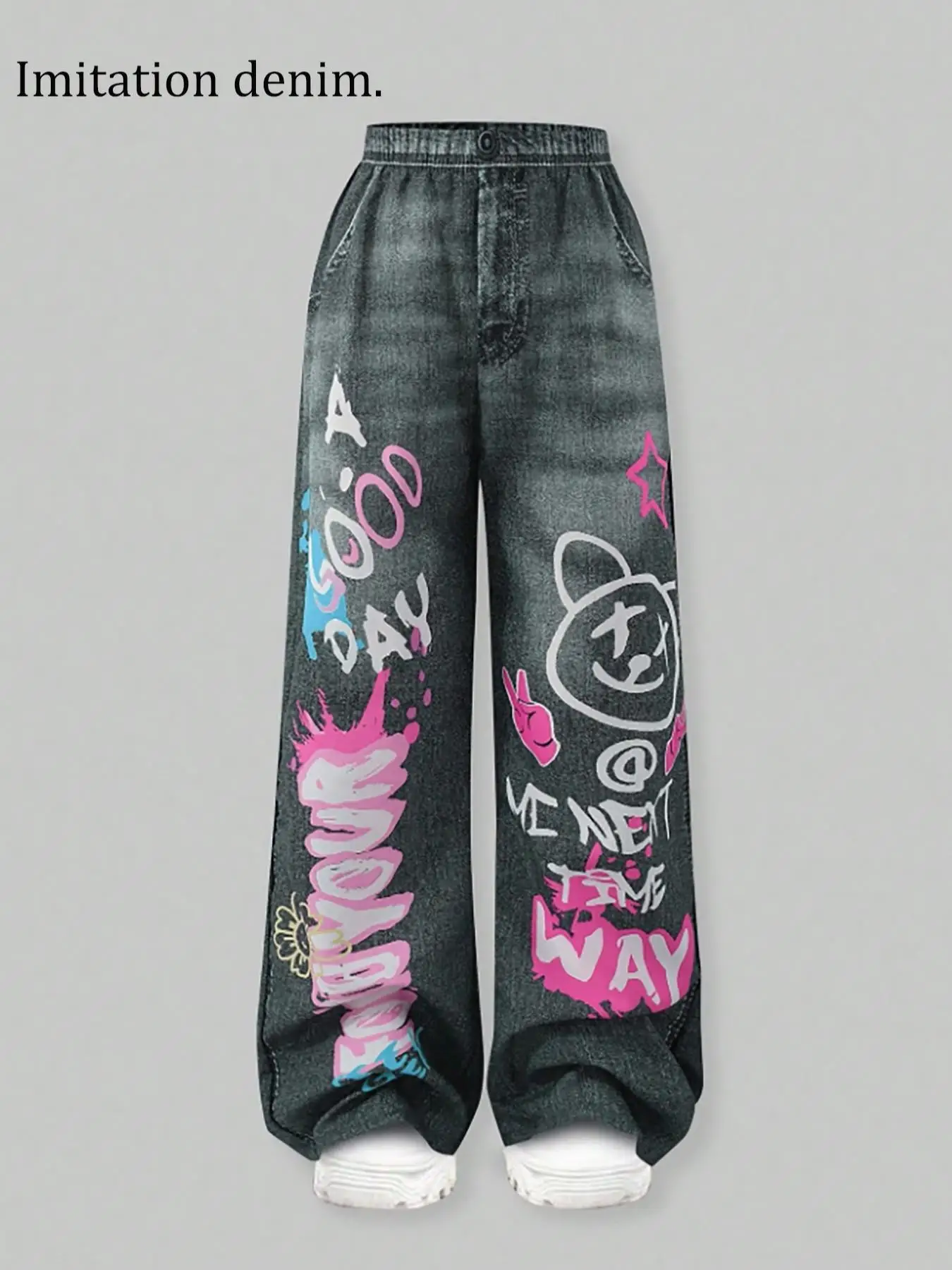 Girls' Summer and Autumn Casual Pants, Y2K Graffiti Print Faux Denim Long Pants, Children's Printed Pants, Loose Wide-Leg Hip-Hop Street Style Casual Pants for Girls, Suitable for Kids Over 3 Years Old