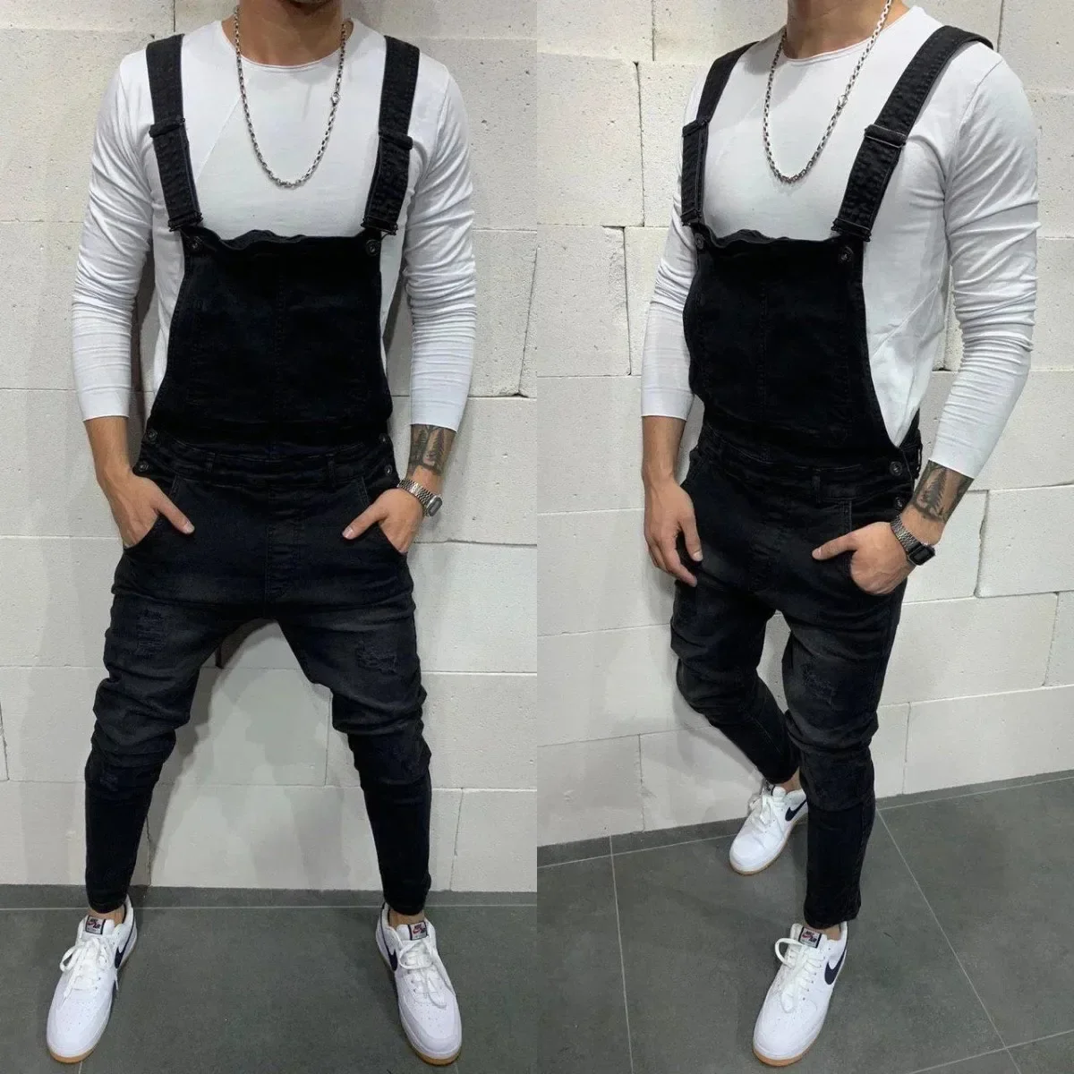 

Men Jeans Ankle Length Pencil Denim Pants Overalls Pockets One Piece Distressed Slim Fit Streetwear Solid Washed Spliced 2025