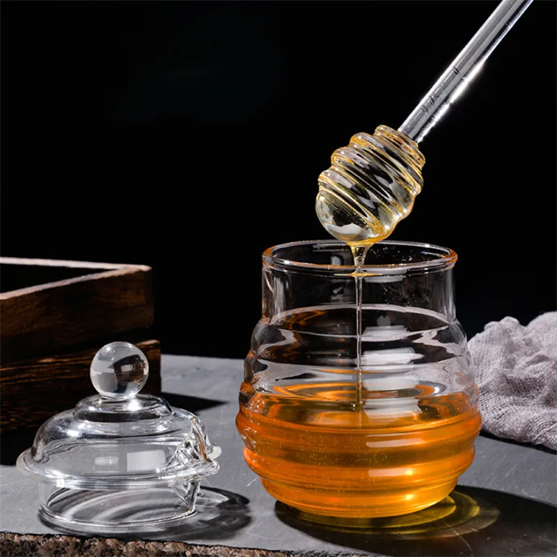 Japanese Heat-Resistant Transparent Glass Honey Jar with Lid and Stir Stick Seasoning Jar Simple Storage Bottle Kitchen