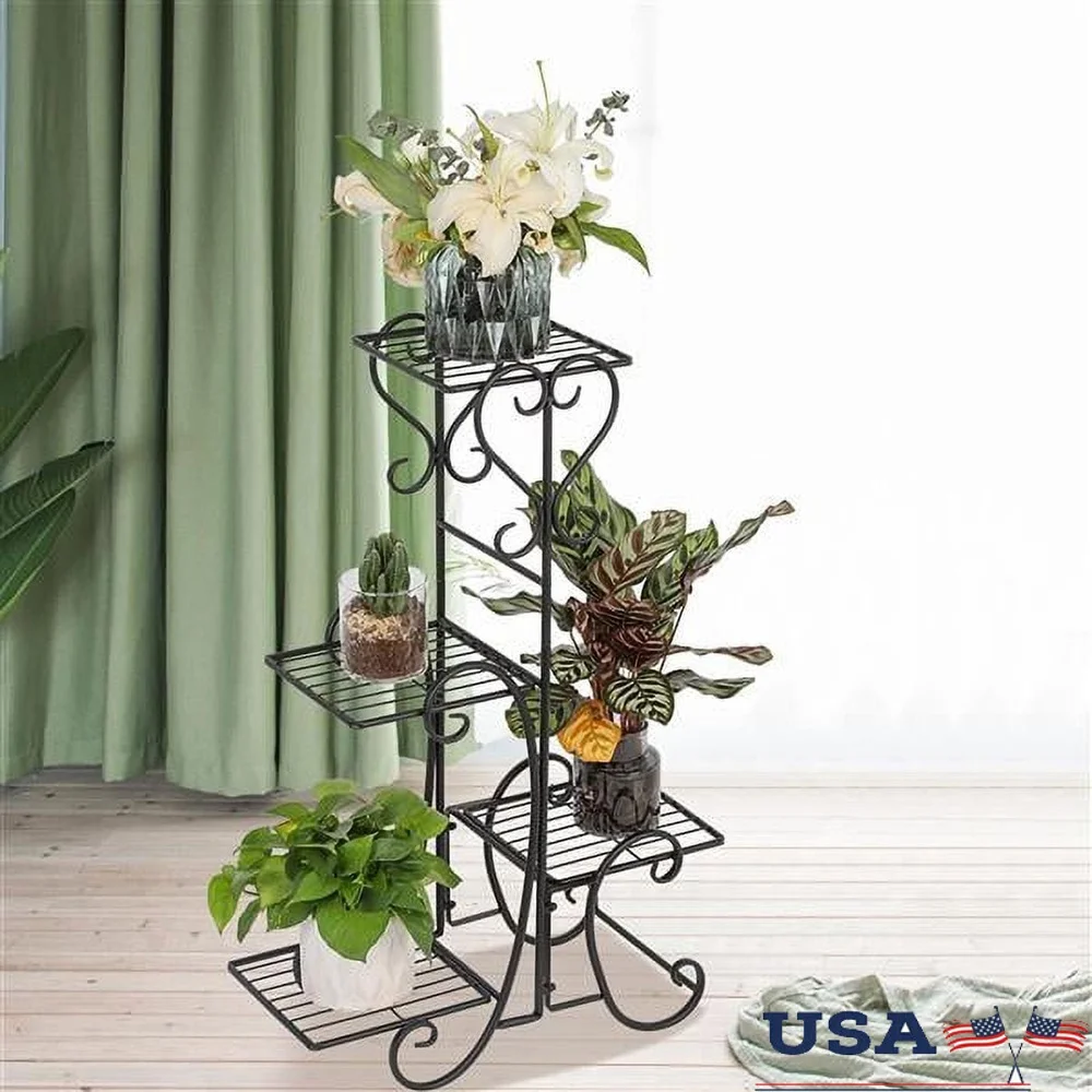 

Black 4-Potted Square Metal Plant Stand Detachable Flower Shelf Indoor Outdoor Garden Decor Sturdy Weather Resistant Elegant