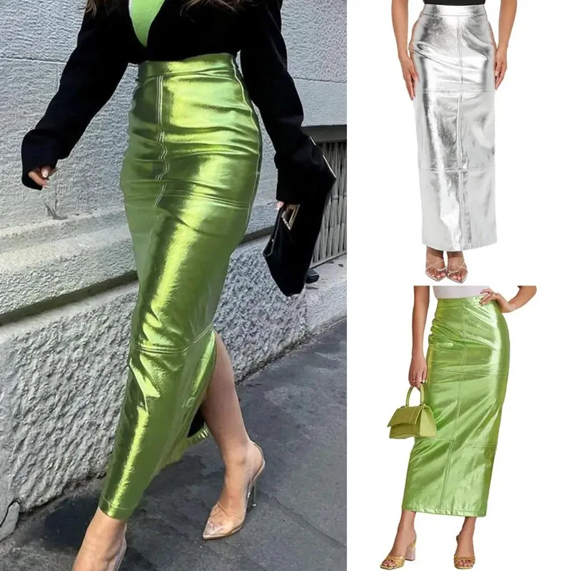 Women Metallic Faux Leather Split Midi Skirt High Waist Shiny Pu Leather Back Slit Bodycon Long Skirt Party Clubwear for Ladies