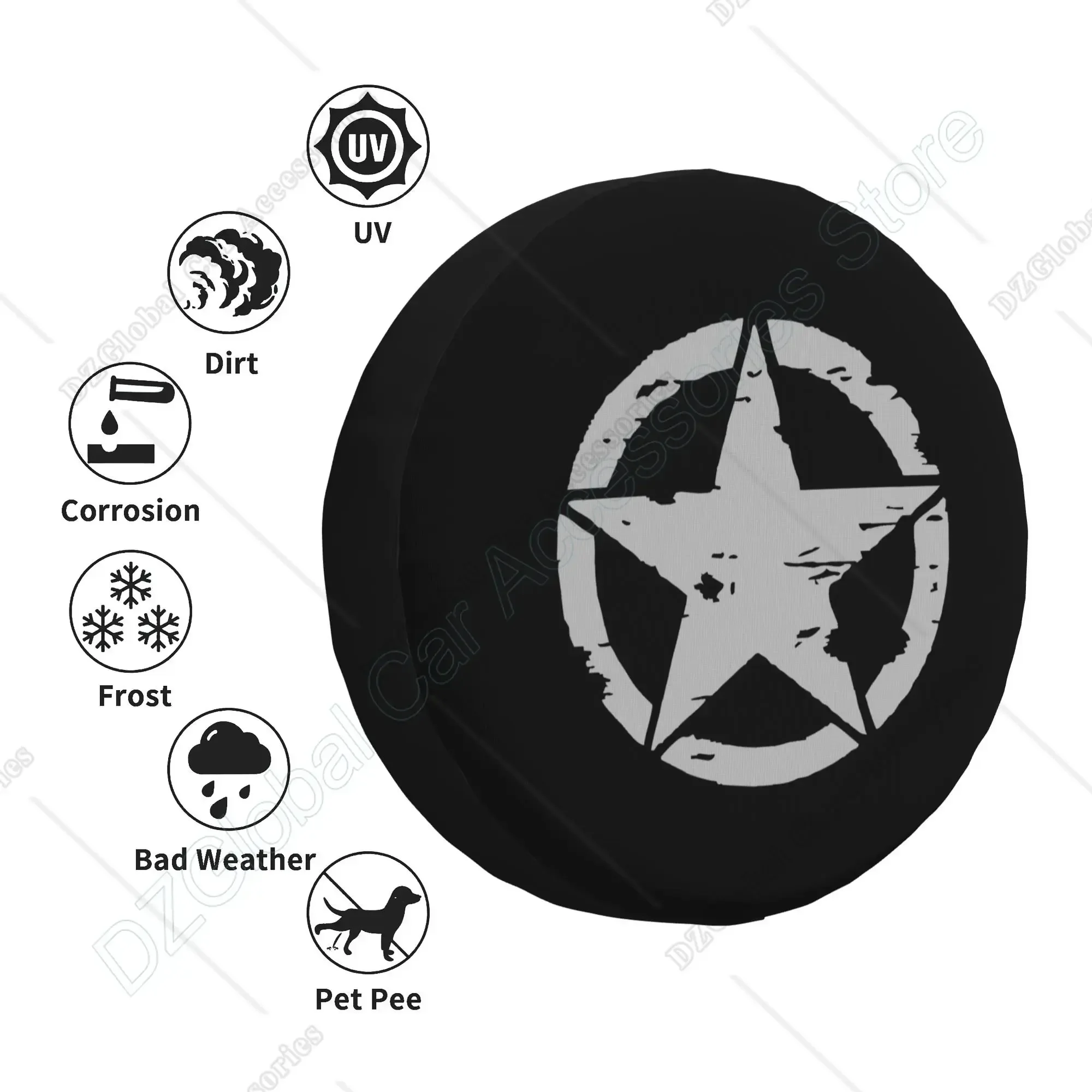 Military Tactical Star Spare Tire Cover Dust-Proof Wheel Tire Cover Fit Trailer RV SUV and Many Vehicle 14 15 16 17 Inch