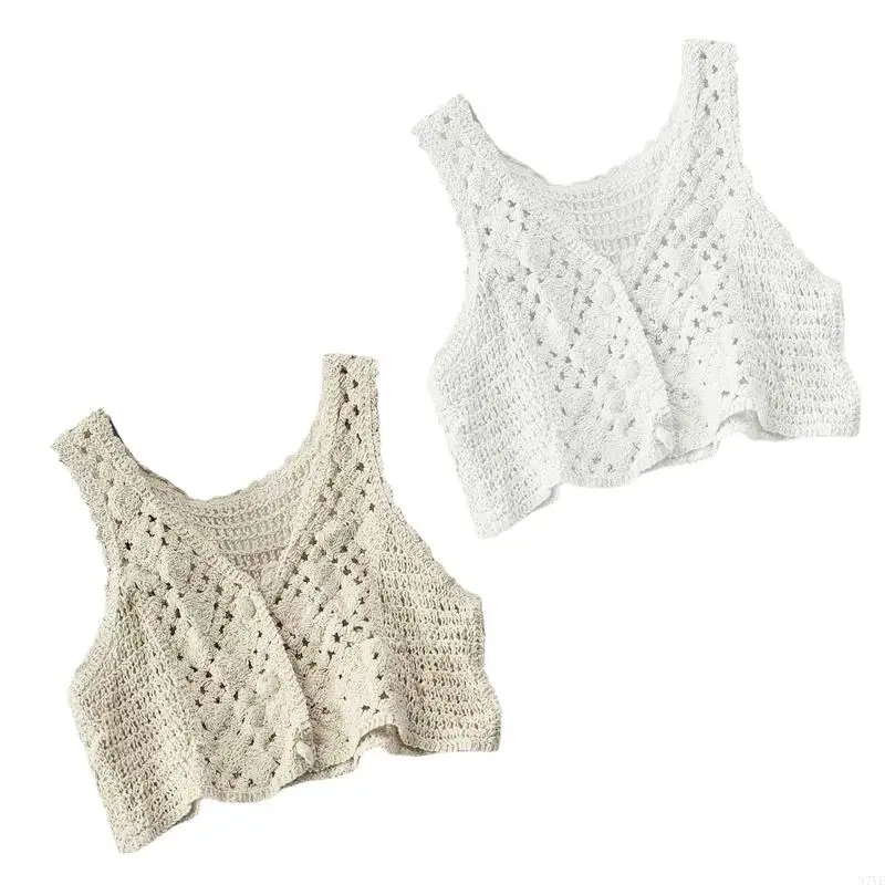 N7YE Summer Sleeveless Crop Tops Korean Crochet Vest V Collar for Young Girls Student