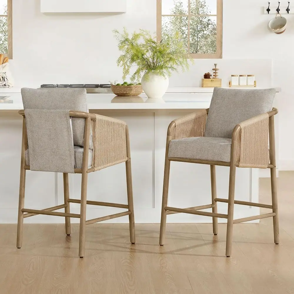 

Fabric Upholstered Woven Rope Counter Stools with Back and Armrest, Set of 2, 27 Seat Height, Khaki