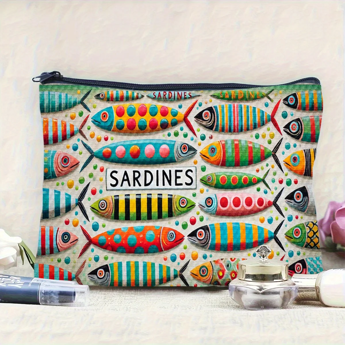 

Cheerful Sardine Makeup Bag Double Sided Printed Zipper Bag Storage Pouch Essential Large Capacity Handheld Cosmetic Bag