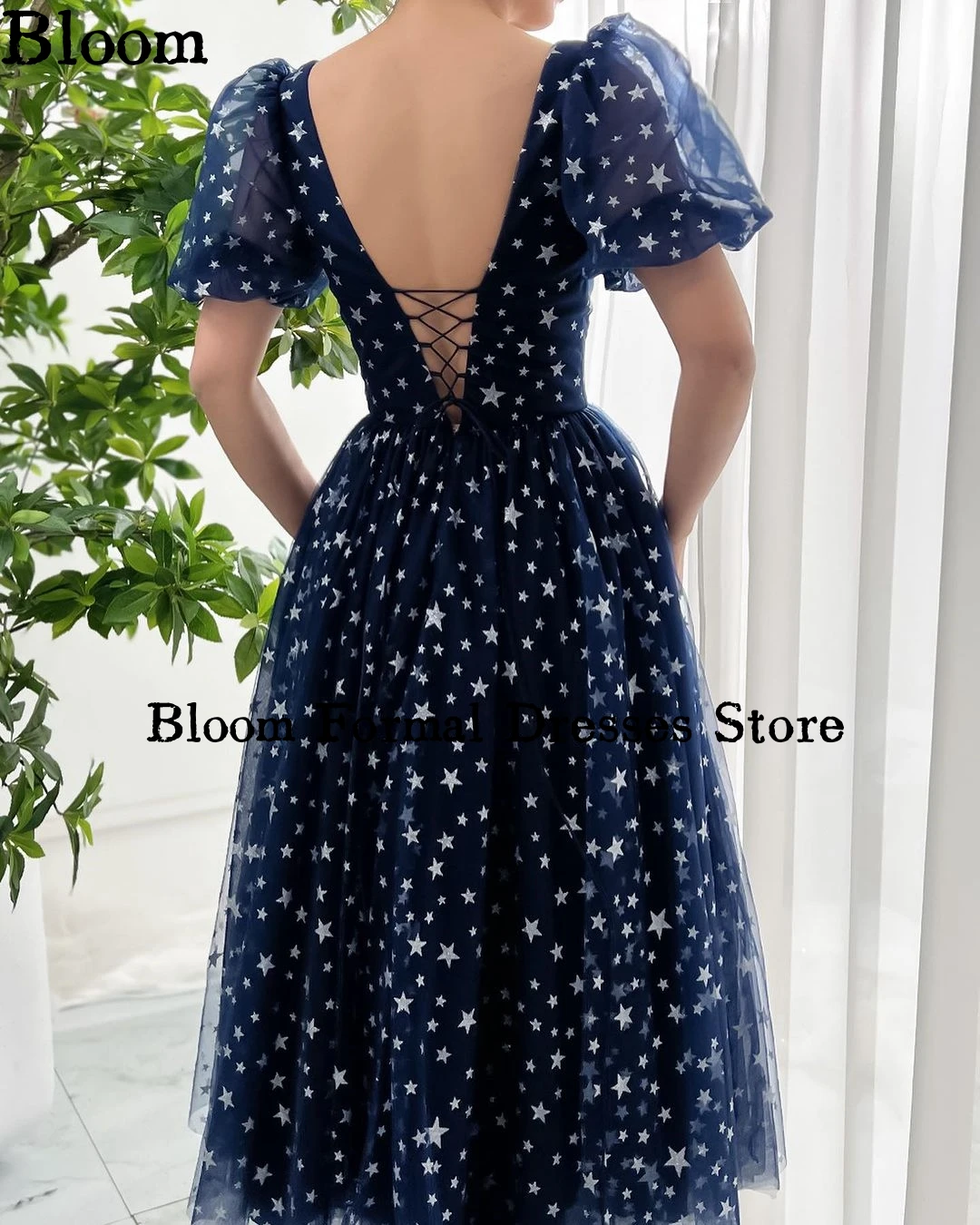 Estampado Bloom Star Tulle Prom Dresses, mangas curtas Puff Chá de comprimento, Vestidos de noite formais, Vestido de casamento