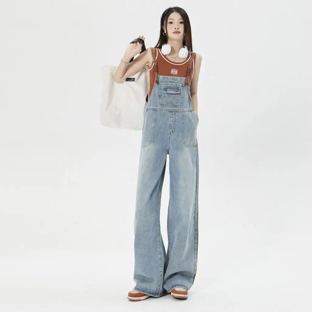 

Women's American Washed Blue Loose Suspender Jeans Summer Sexy Versatile Age-Reducing Straight Wide-Leg Workwear Pants