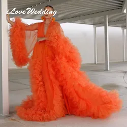 Orange Puffy Ruffled Maternity Tulle Robes Any Color Custom Made Long Sleeves Big Rulffles Pregnancy Photo Shoot Dress with Bow