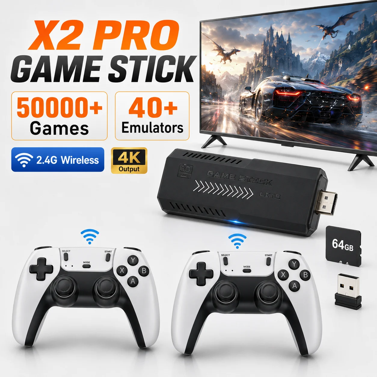 Gaming Console X2 - 64G Game Stick 40000+ Classic Arcade