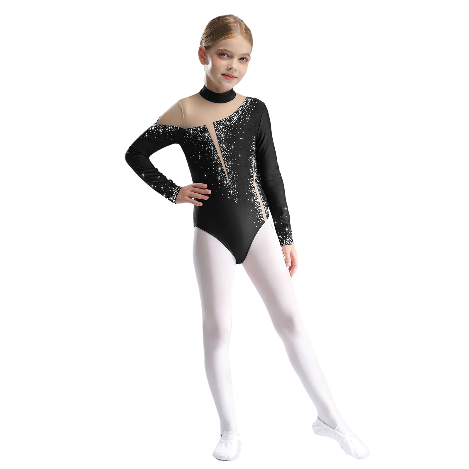 3Pcs Kids Girls Figure Skating Gymnastics Dance Outfit Sparkly Rhinestone Long Sleeve Sheer Mesh Patchwork Leotard+Vest+Shorts