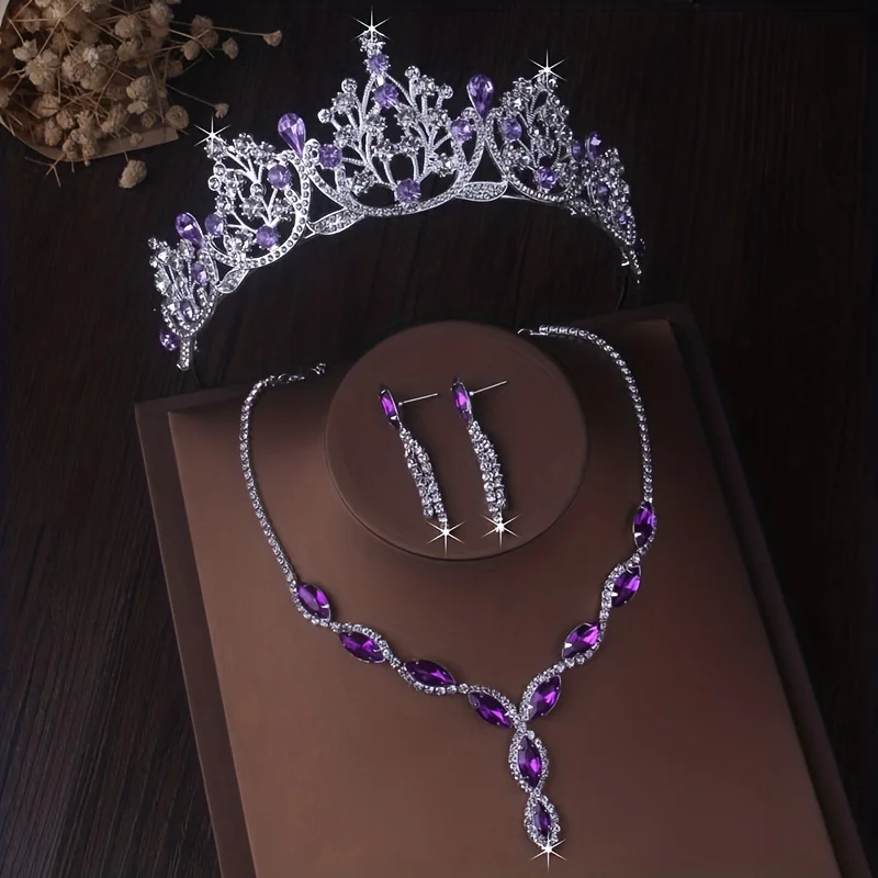 

High end luxury purple crown necklace earring set, bridal dress accessories, wedding necklace, minimalist banquet, birthday part