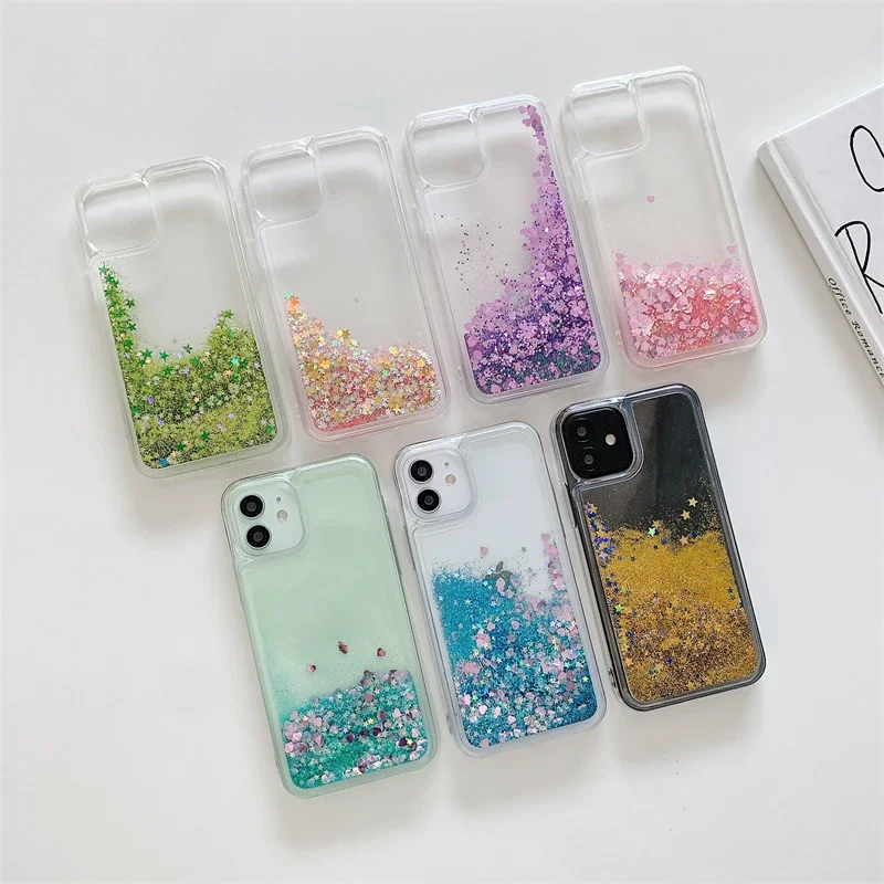 Color Quicksand Glitter Transparent Case for iPhone 16 15 14 Pro Max Floating Love Heart Stars Shine Sand Soft Phone Cover Girls