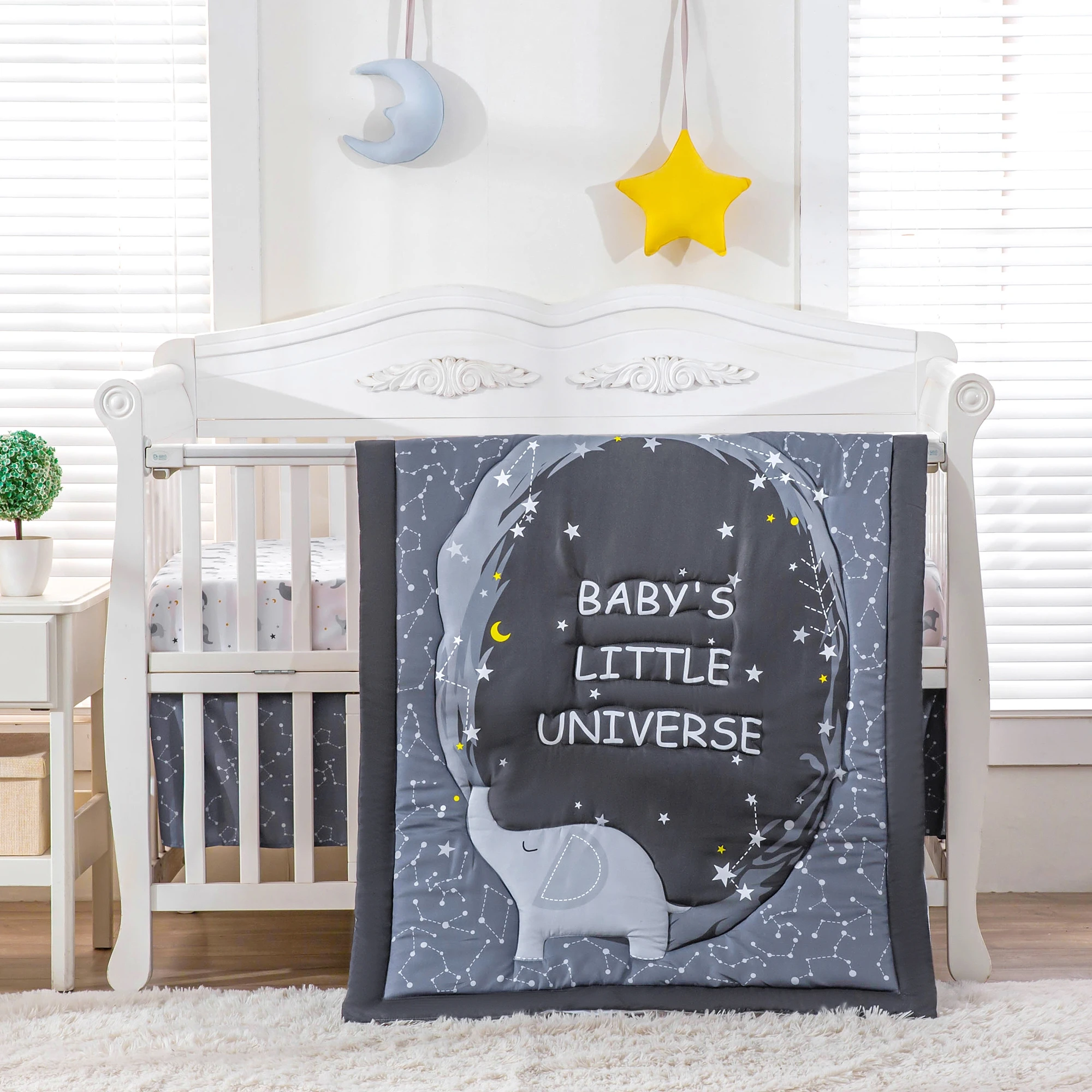 

3Pcs Stars Elephant Crib Bedding Sets Crib Set Nursery Bedding Neutral Decor Black (Baby Comforter Fitted Sheet Crib Skirt)