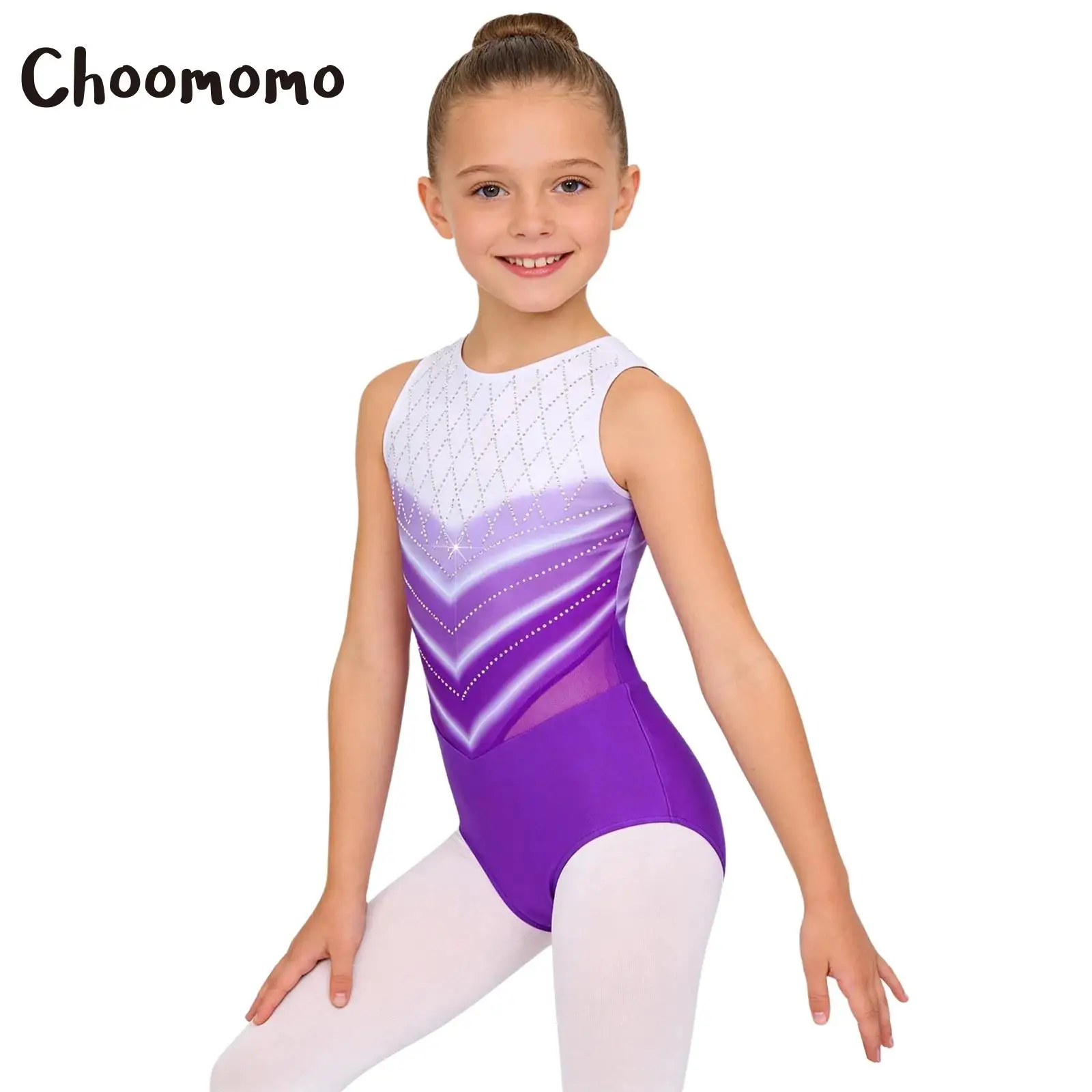 

Kids Girls Rhinestone Ballet Gymnastic Leotard Jumpsuit Artistic Figure Skating Costume Sleeveless Gradient Color Dance Bodysuit