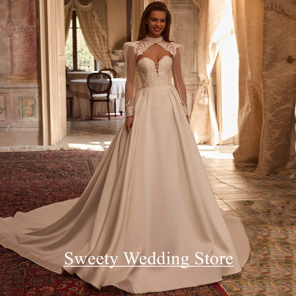 Neues Braut-Hochzeitskleid für die Braut, maßgeschneidert, V-Ausschnitt, ärmellos, mit Perlen verziert, A-Linie, Satin-Brautkleid mit Jacke, Bolero
