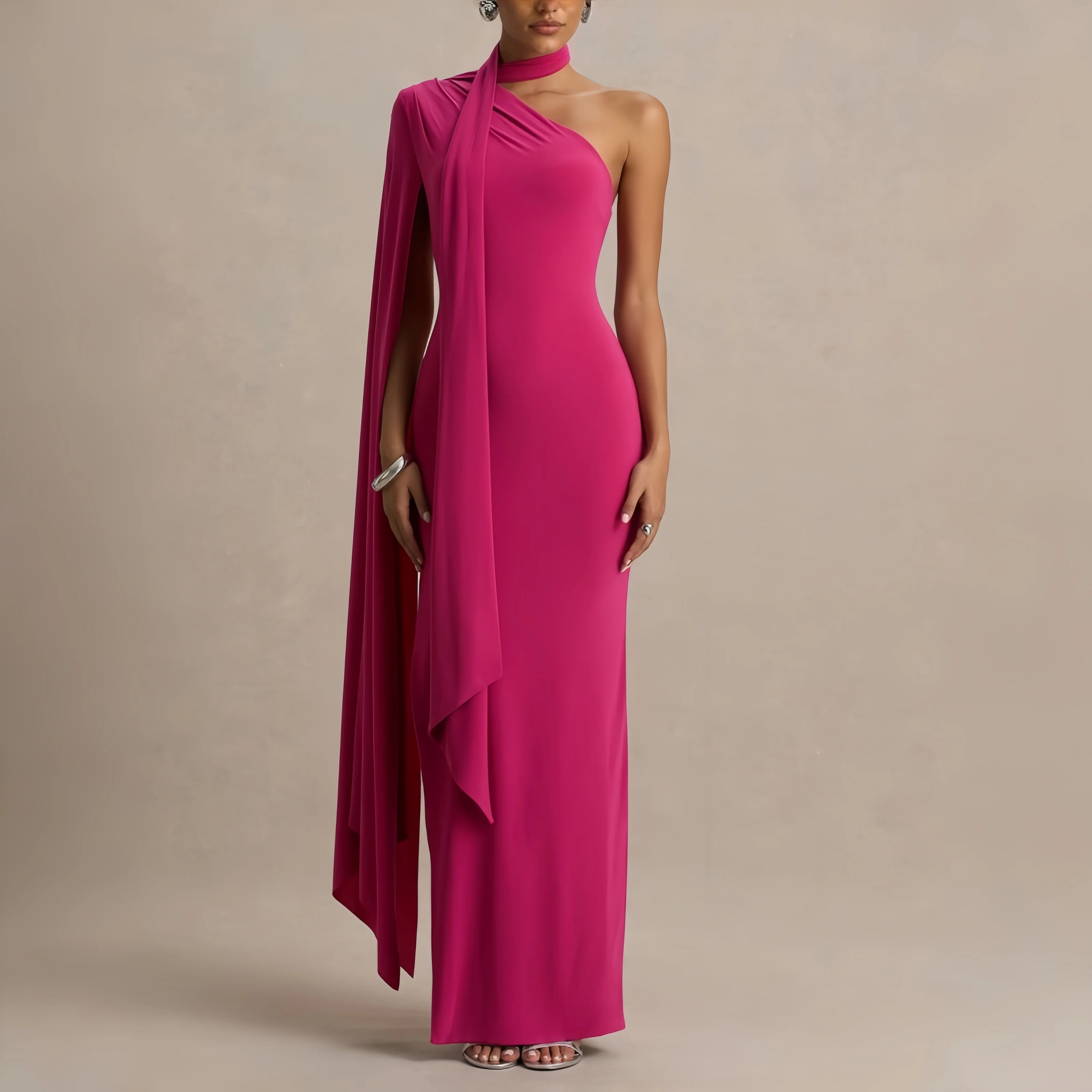 

Women's Casual Dresses Hot Pink One Shoulder Maxi Dress Bodycon Slit Formal Evening Gown For Wedding Bridesmaid Cocktail Prom