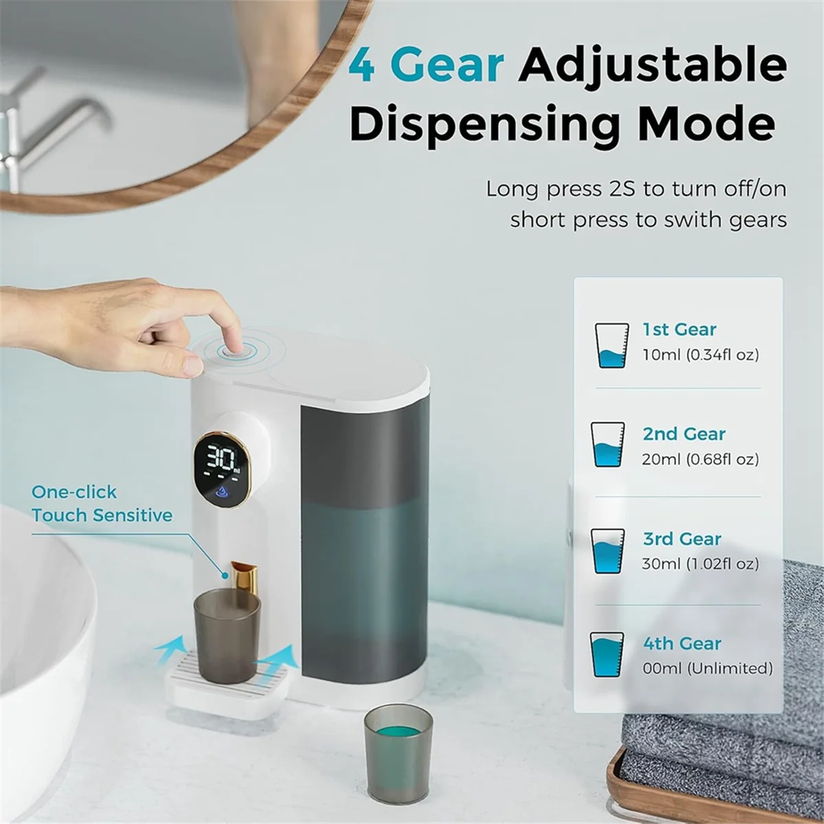 Distributeur automatique de bain de bouche pour salle de bain, avec 2 tasses, 4 niveaux et écran LED, bain de bouche électrique intelligent