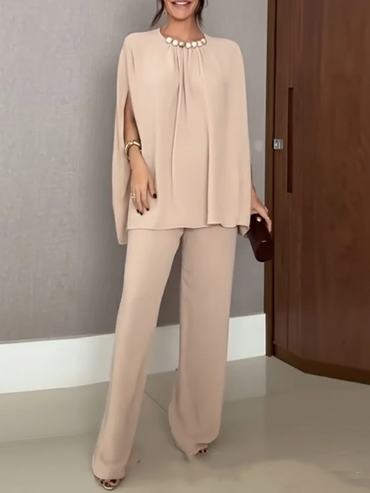 

Temperament Cloak Top+Pants Two Piece Fashion Solid Pleated Short Sleeved Outfit Casual Office Commuting O-neck Pearl Loose Suit