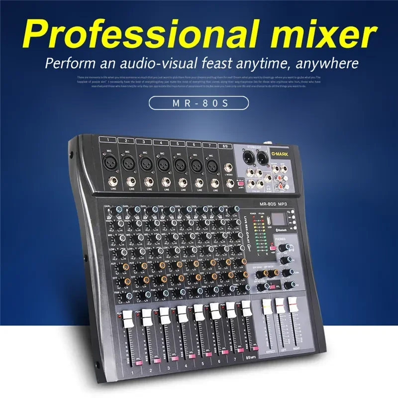 Mezclador de Audio profesional, consola de mezcla de 8 canales, placa de sonido Bluetooth, reverberación USB para PC, estudio de escenario, controlador de DJ, Podcast