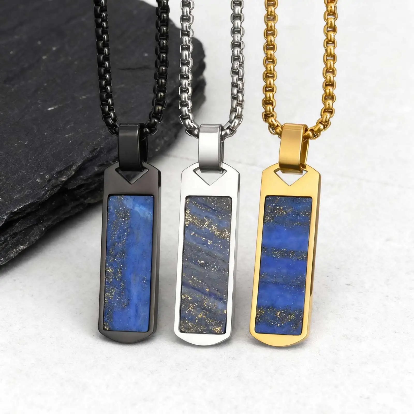 Collar con colgante rectangular de lapislázuli para hombre, colgante de piedra Natural azul de acero inoxidable, regalo de joyería masculina delicada