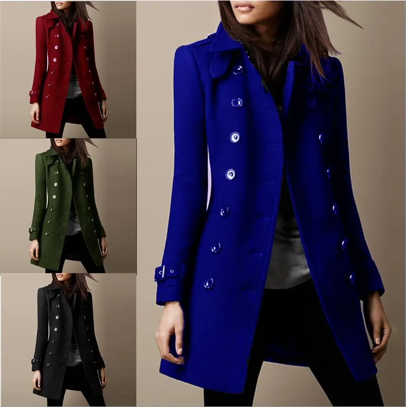 

Women Wool Mid Length Coats Solid Blends Turn Down Collar Full Sleeve Thick Warm Jackets Autumn Winter Double Breasted Splice