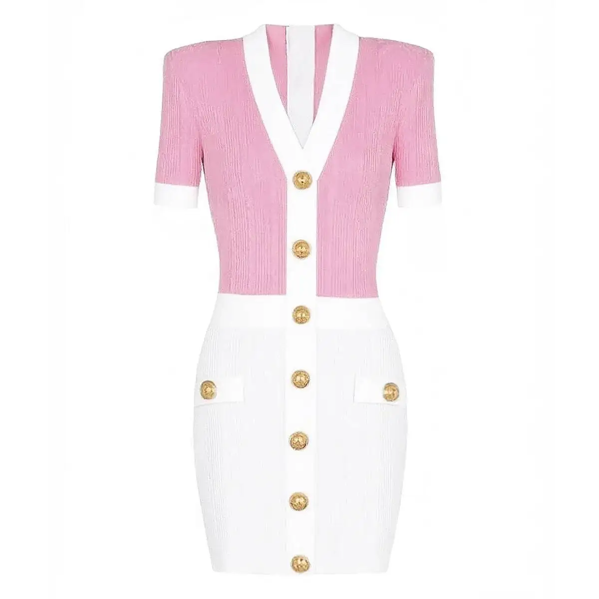 LEOSOXS Złote Sukienki Dzianinowe Jednorzędowe Różowe Dekolt V Damska Letnia Sukienka Krótki Rękaw Wąska Seksowna Spódnica Zamek Błyskawiczny Odzież