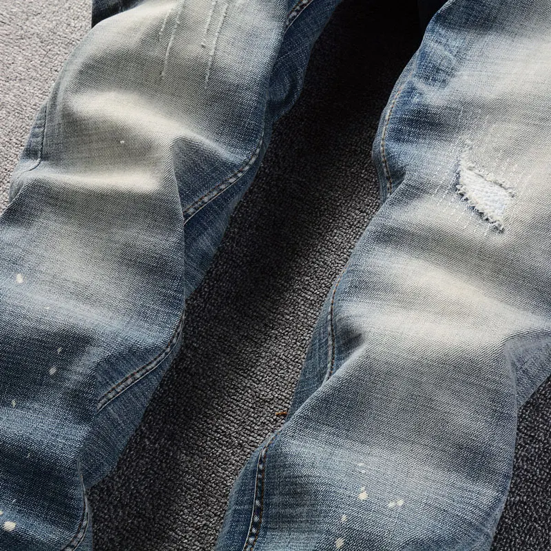 Newly Designer Fashion Men Jeans High Quality Retro Washed Blue Stretch Slim Fit Ripped Jeans Men Vintage Denim Pants Hombre