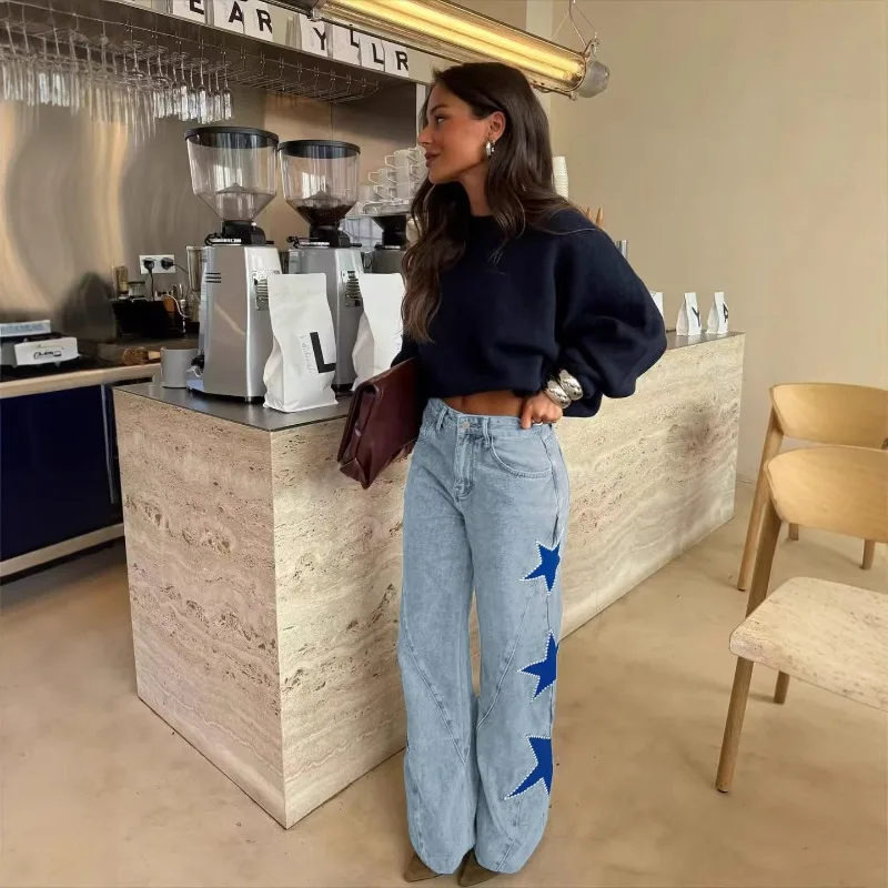 Trousers Straight-leg Trousers Jeans Women Retro Y2K Five-pointed Star Loose-fitting New Minimalist Casual Versatile Distinctive