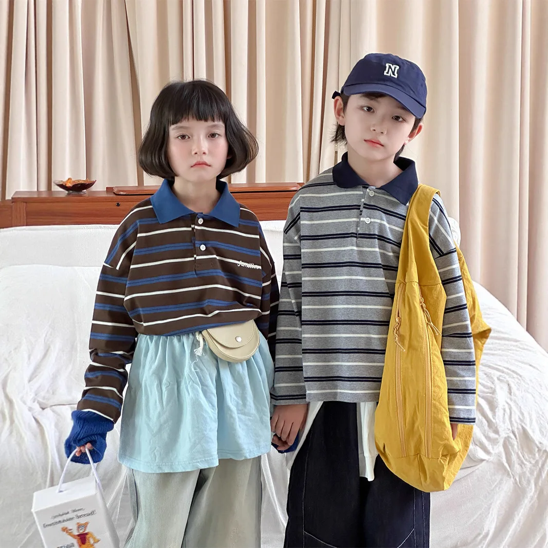 2025 Autumn New Children's Retro Color Matching Letter Embroidered Top Children's Striped Polo Collar Long Sleeve