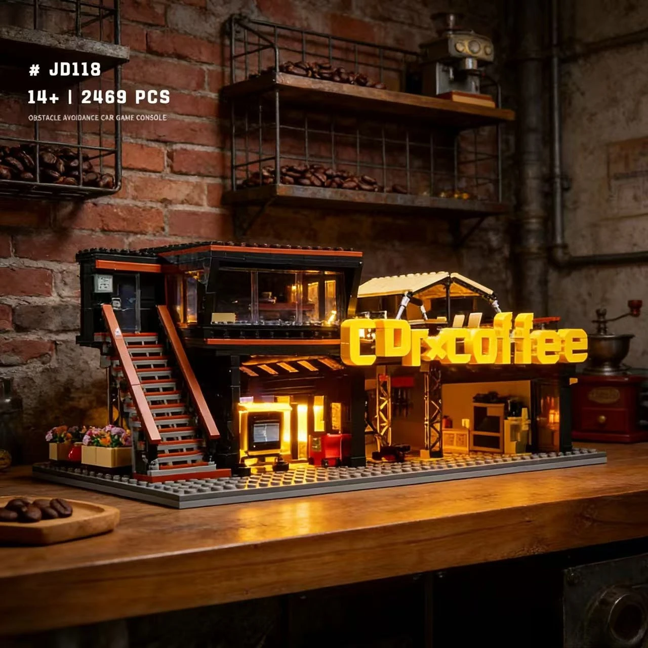 

2496 шт., кофейный клуб по ремонту автомобилей, строительные блоки JD113, вид на улицу, кафе, магазин, архитектура, модульные кирпичи, игрушки для детей, подарки для взрослых