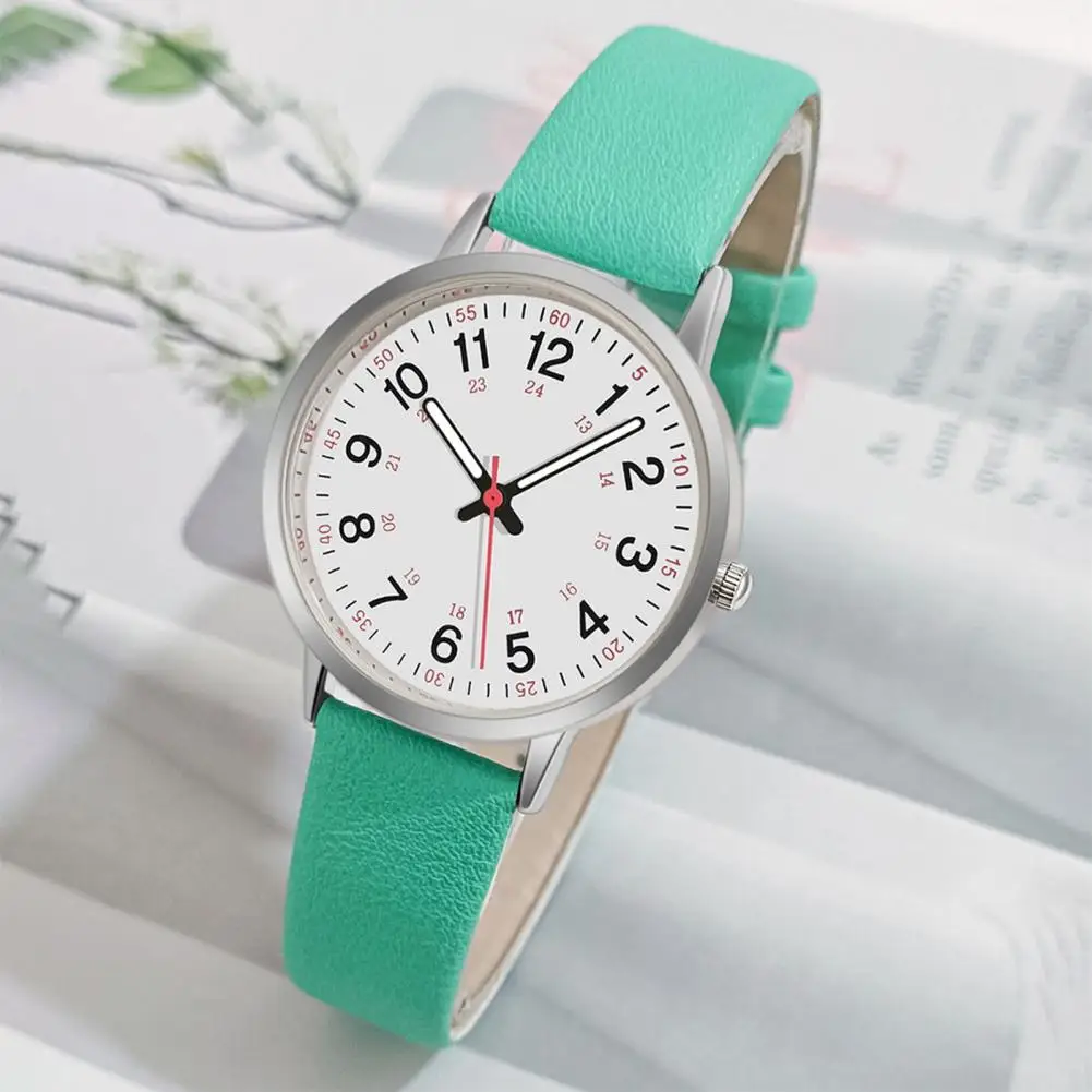 Women Fashion Wrist Watch Luminous Digital Watch with Soft Faux Leather Strap 24 Hours Time Round Dial Quartz Watch