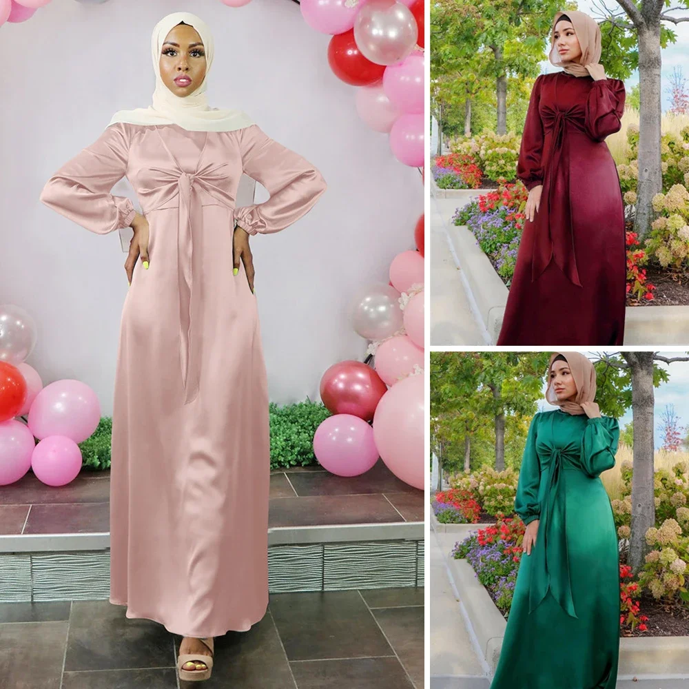 

Abayas Muslim Women Long Dress Satin Islamic Ramadan Turkish Kaftan Maxi Robe Dubai Arab Middle East Moroccan Elegant Fashion