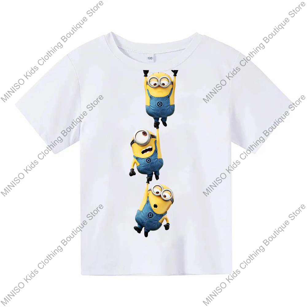 MINISO 100% Cotton T-Shirt Anime Cartoon Funny Minion Print Fashion Casual Streetwear Oversized Tshirt Kids Adults Tops Clothing