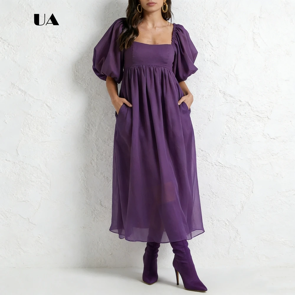 

ULBYANRY Chiffon Fit-and-flare Prom Dress with Bubble Sleeves Solid Strapless Ruched Evening Dress Pocket Customized Party Gown