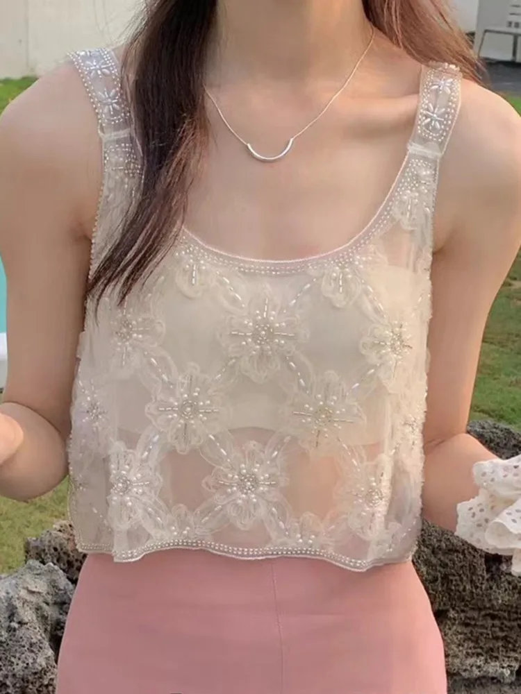 2026 New Glitter  Summer Women Tank Top Loose Sleeveless Round Neck Embroidery Camis Floral Lace Beaded Fashion Vest