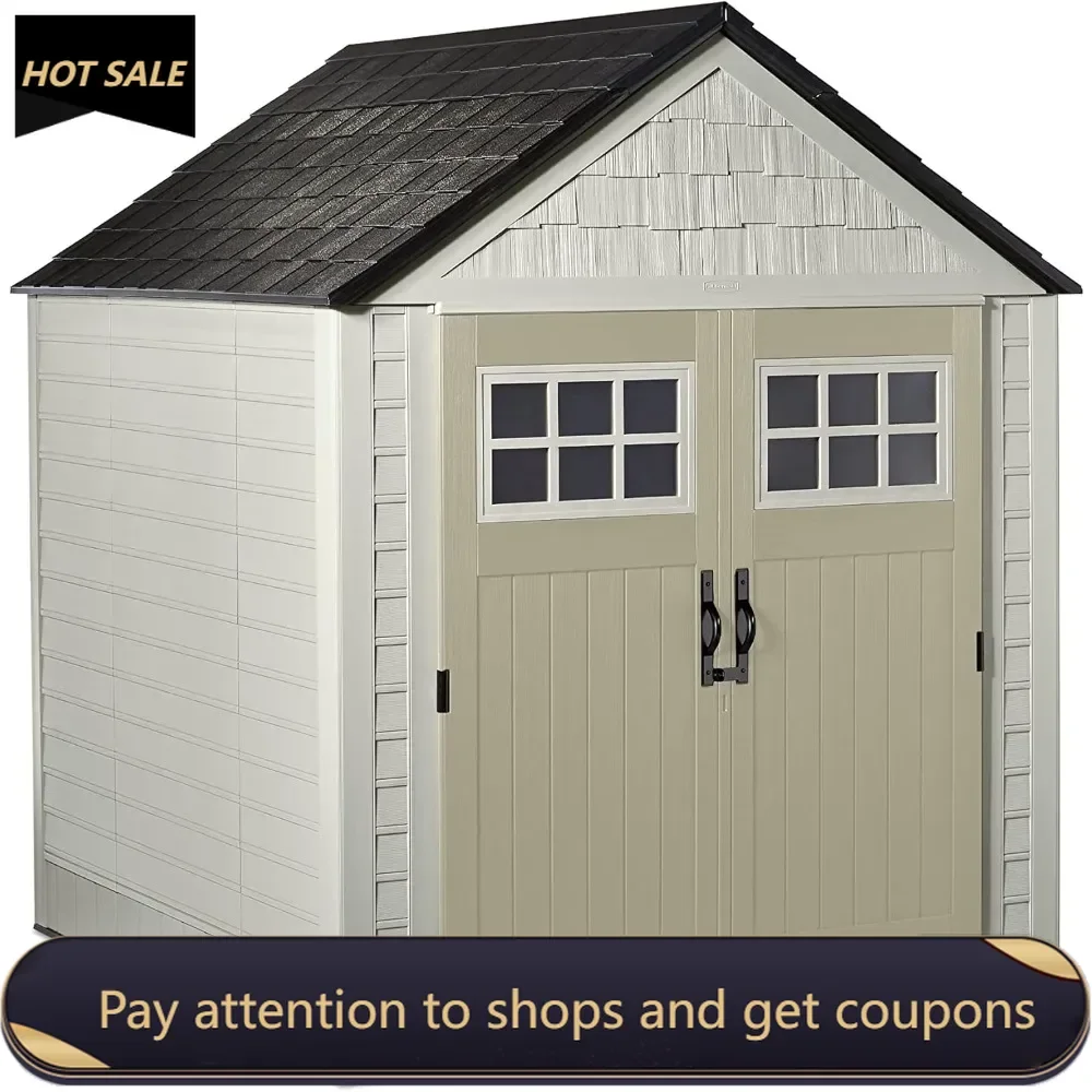 Resin Outdoor Storage Shed With Floor (7 x 7 Ft), Weather Resistant, Beige/Brown, Organization for Home/Backyard Freight free