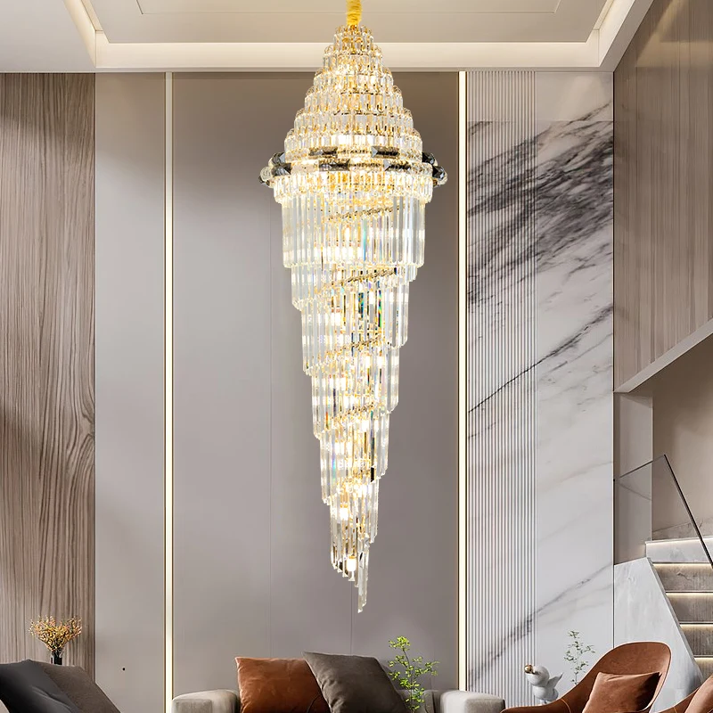 

Duplex Large Chandelier Villa Living Room Hollow Simple Building Mid-Floor Jump Floor Light Luxury Long Crystal Rotating Stairca