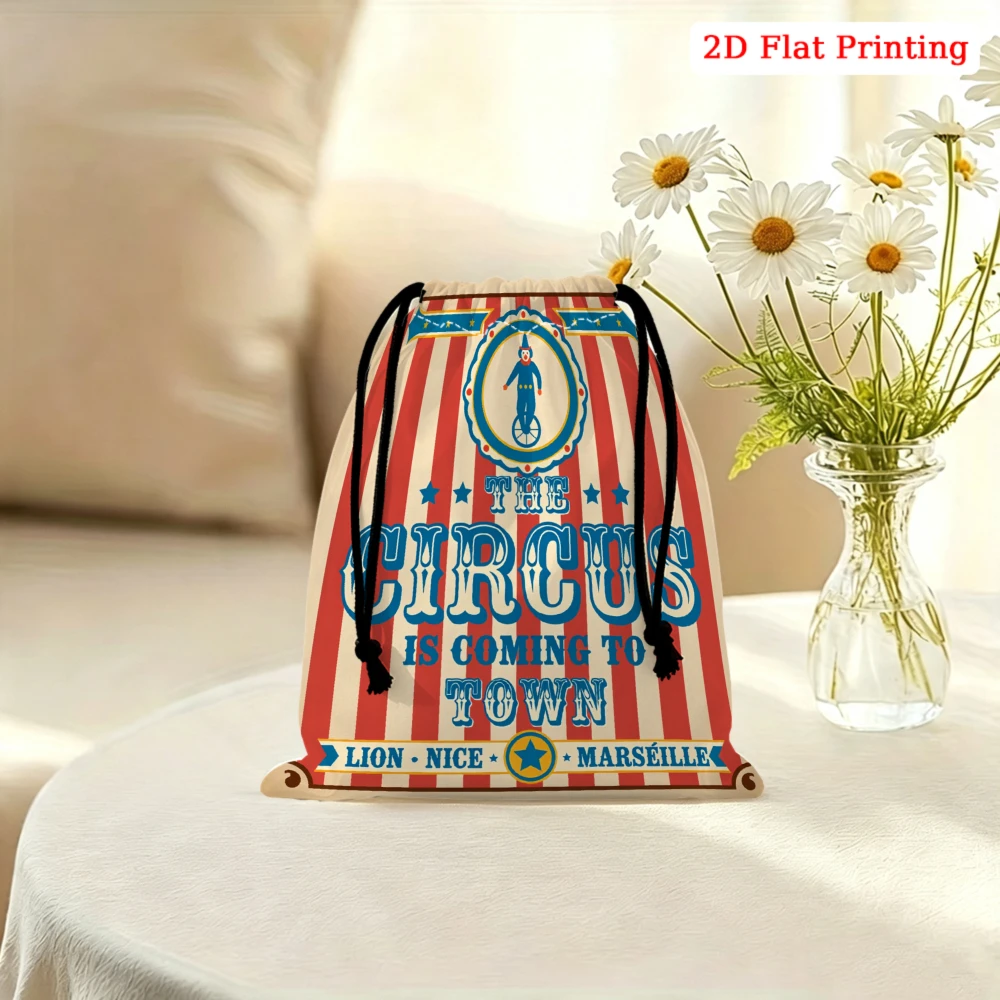 1Pc Vintage Circus Theme Drawstring Bag Red White Blue The Circus Is Coming To Town Print Storage Small pouch For Travel Cosmeti