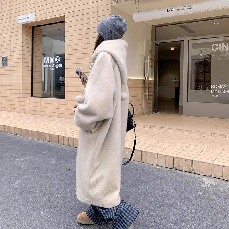 Otoño Invierno con capucha imitación visón chaqueta de felpa abrigo suelto largo lana imitación piel ecológico grueso cálido Parker abrigo JJ297