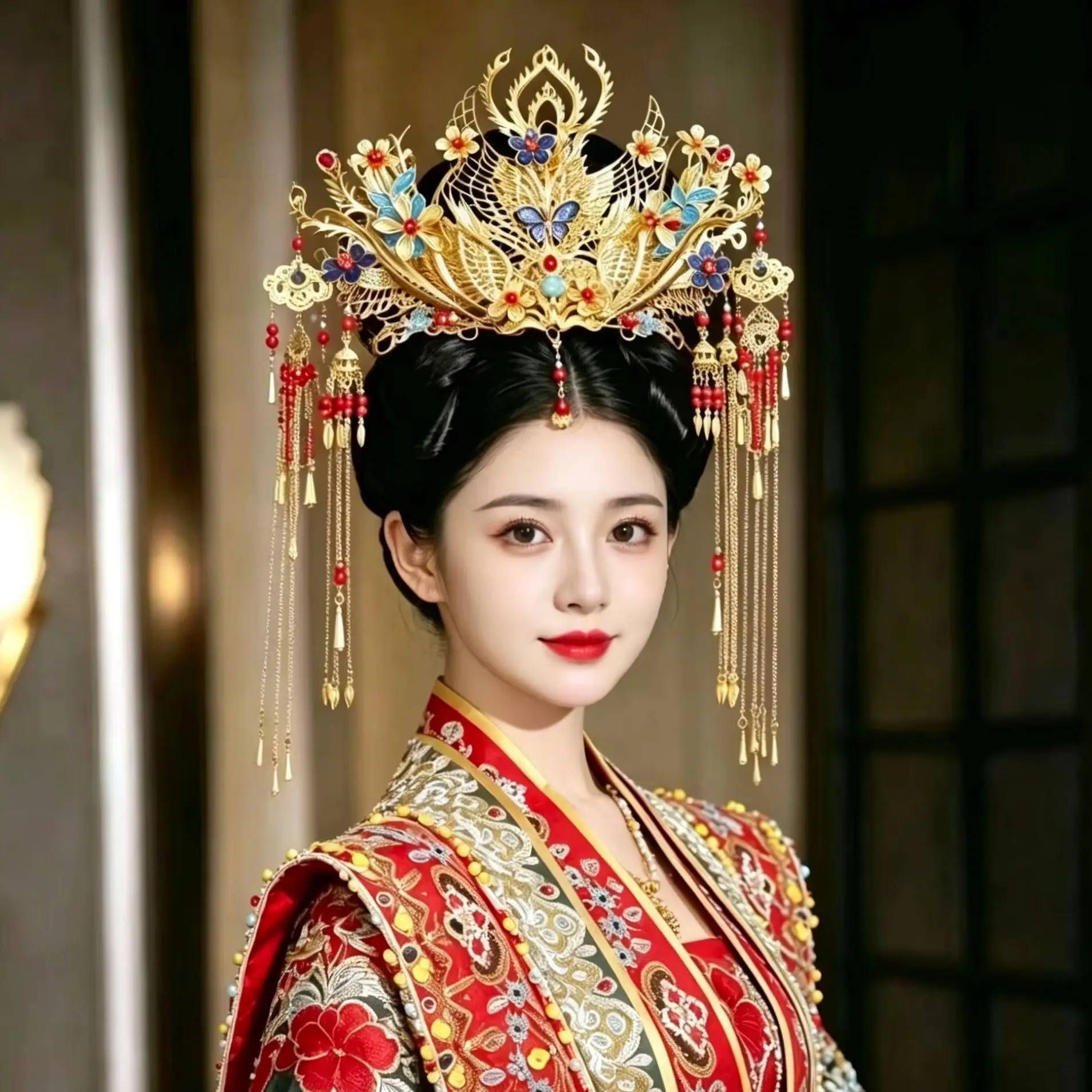 Luxury Golden Phoenix Crown Chinese Xiuhe Wedding Bridal Headdress with Long Tassels Butterfly Floral Fengguan Traditional Desig