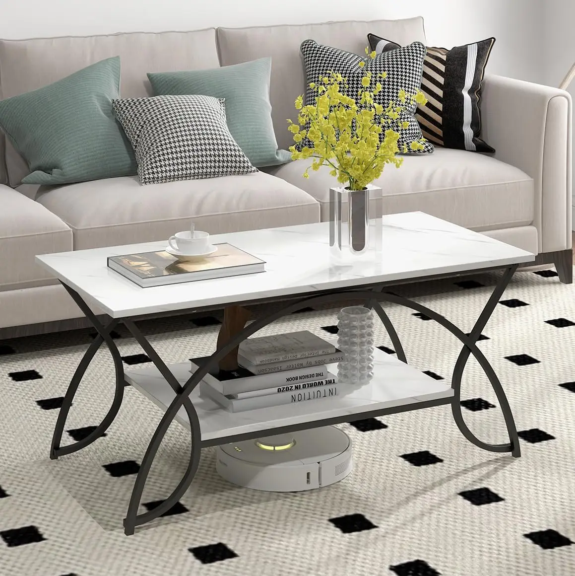 2-Tier Faux Marble Coffee Table with Open Storage, Black Metal Frame, Modern Center Table for Living Room
