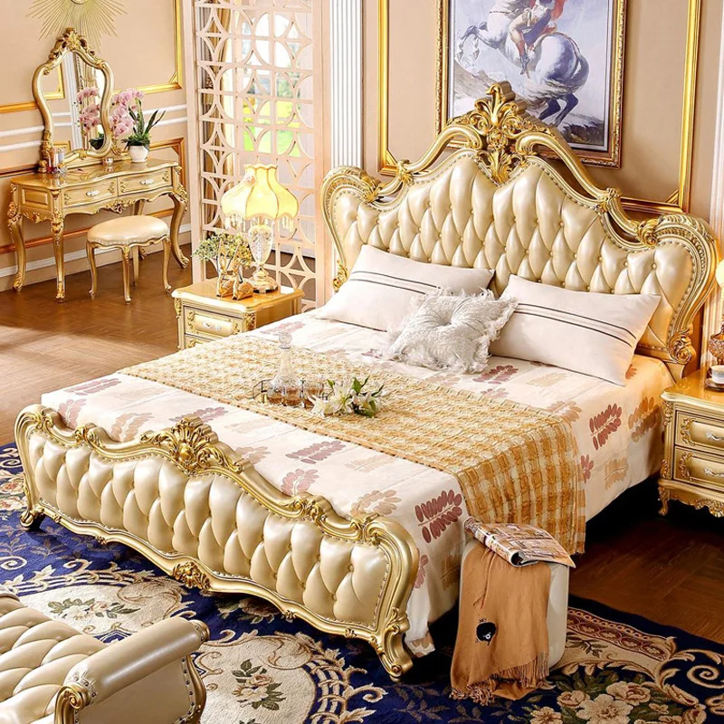 

European Leather Double 1.8m Wedding Bed Princess French Double Bed 2m Solid Wood American Bedroom Furniture