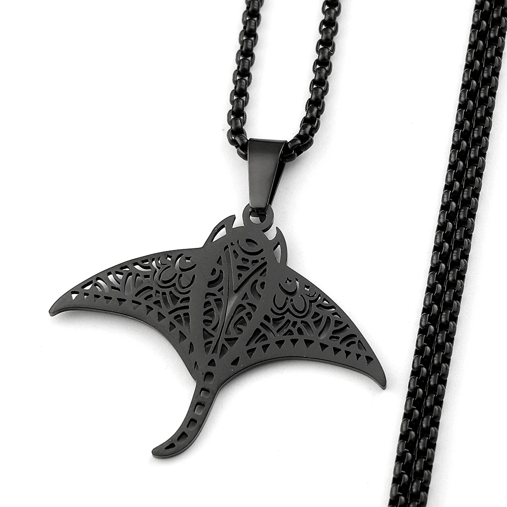 Manta Ray Polynesian Totem Kette für Damen und Herren, Edelstahl, silberfarben, Devil Ray, ethnische Halskette, Glanzfisch-Schmuck – Detail 6