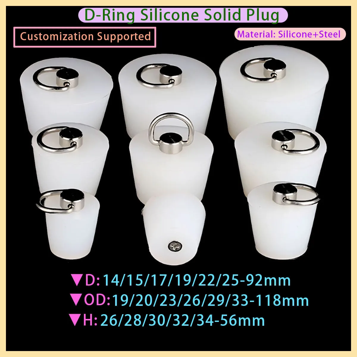 Strip Steel D-ring Handle Tube Cone Hole Plug Sealing Package, Silicone Rubber Cone Plug