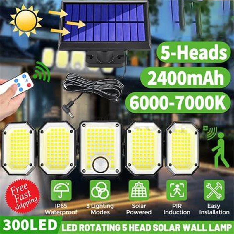 

5 Heads Solar 300 LED Light Outdoor Motion Sensor Waterproof Wide-angle Illumination Wall Lamp Garden Courtyard Street Lights