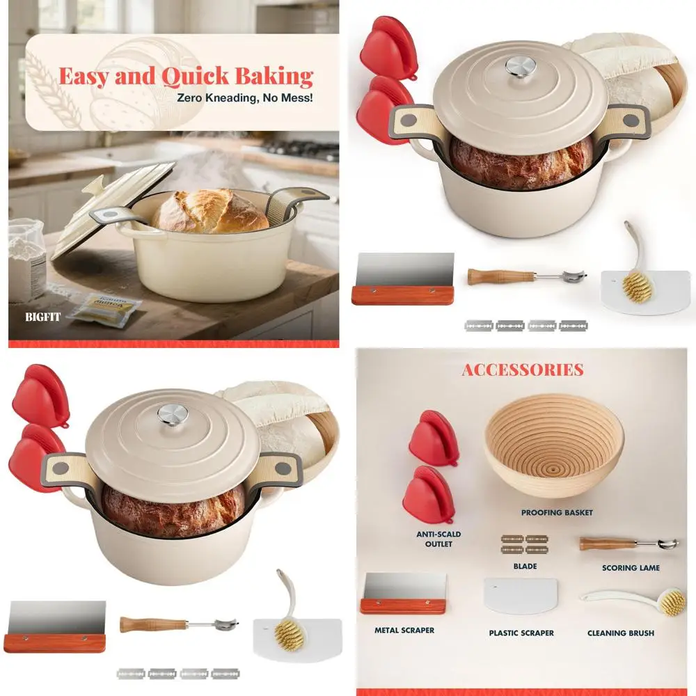 

Enameled Cast Iron Dutch Oven, 5QT, White, for Sourdough Baking with Banneton and Proofing Basket