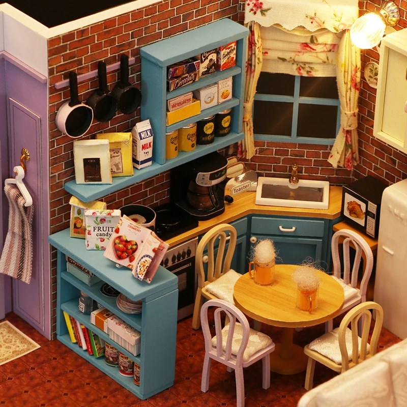 New Wooden Doll House Miniature With Furniture Kit Monica's Apartment Dollhouse DIY Assembly Toys Children Christmas Gift Casa