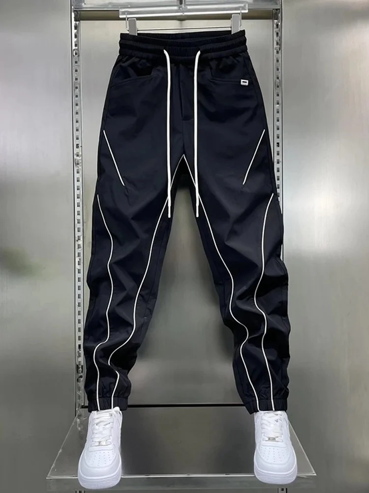 Men's Summer Thin Stripe Patchwork Sports Pants Casual Loose Fit Nine-Tenths Breathable Elastic Waistband Trendy Fashion Brand